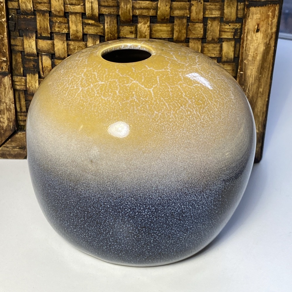 Modern‎ Ceramic Orb Bud Vase Ombre Yellow Blue Speckled Glaze Round 5 Inch